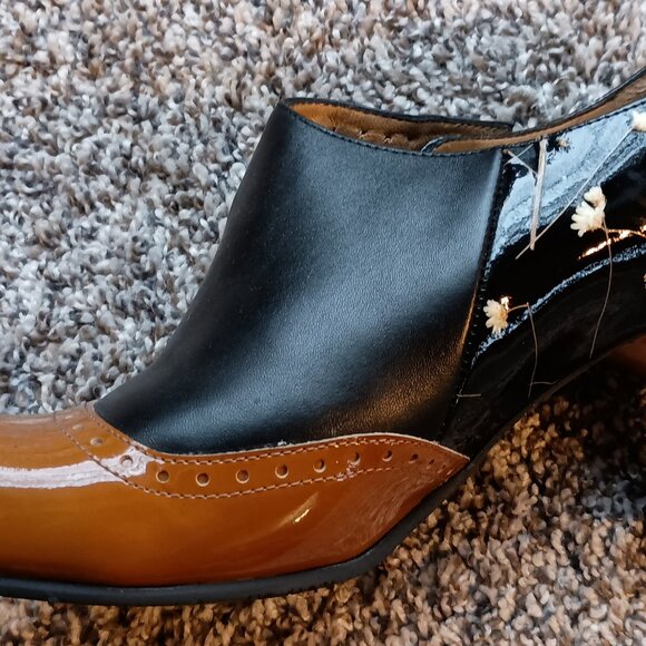 John Fluevog - Ella Baker Black Floral & Orange brogued heel with cutout - Picture 5 of 10